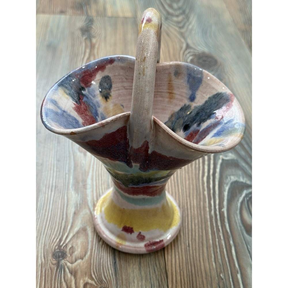 Vintage Handmade Studio Art Pottery Basket Bowl Pedestal Drip Glaze 9x6.5"